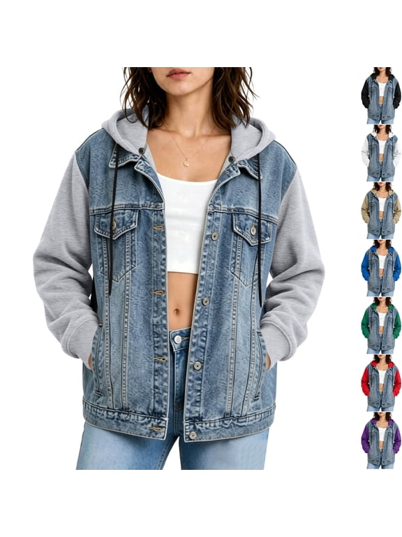 Women's Denim Jacket with Detachable Hood Oversized Distressed Jean Jackets Hoodie Button Down Drawstring Outerwear Gray S