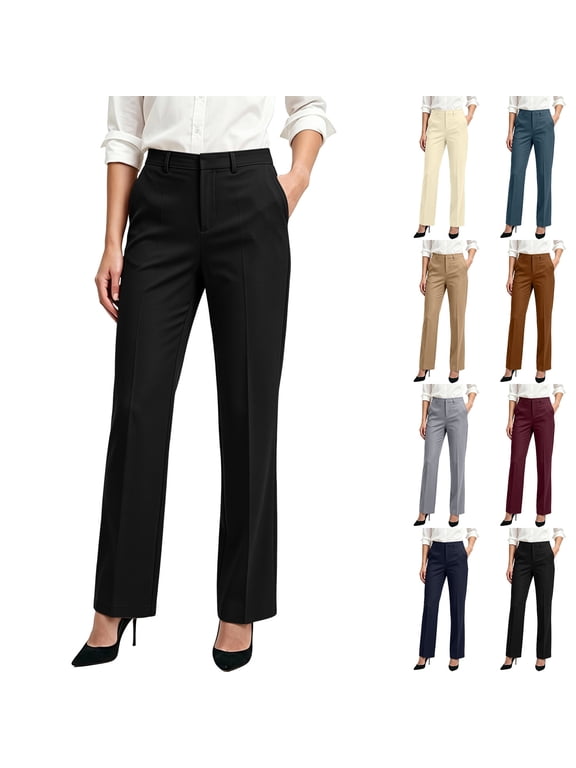 Women's Dress Pants High Waisted Straight Leg Trousers Front Pleated Stretch Business Casual Work Slacks with Side Pockets Black S