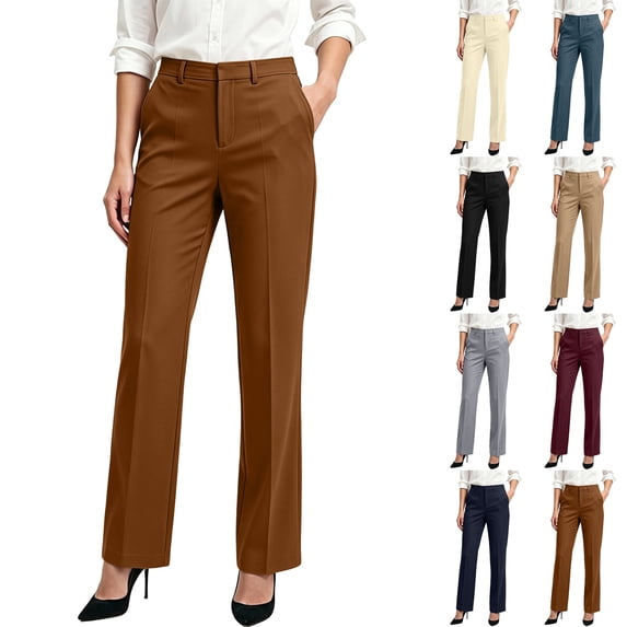 Husipze Women's Dress Pants High Waisted Straight Leg Trousers Front Pleated Stretch Business Casual Work Slacks with Side Pockets Brown 2XL