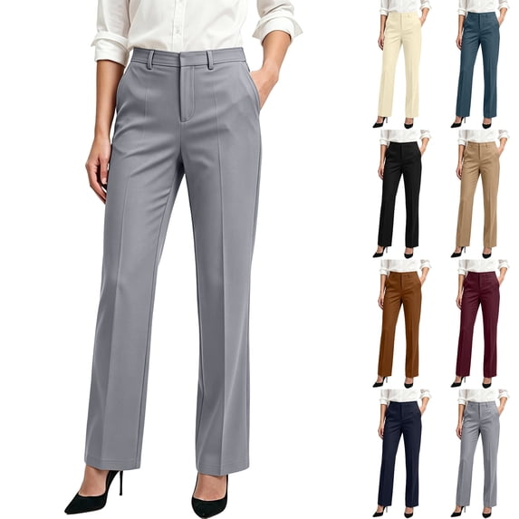 Husipze Women's Dress Pants High Waisted Straight Leg Trousers Front Pleated Stretch Business Casual Work Slacks with Side Pockets Gray XL