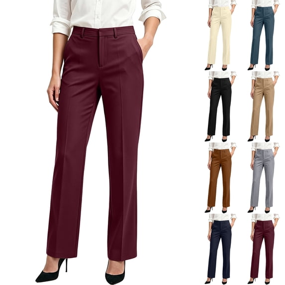Husipze Women's Dress Pants High Waisted Straight Leg Trousers Front Pleated Stretch Business Casual Work Slacks with Side Pockets Wine S