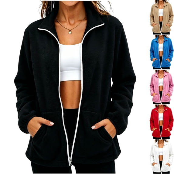 Husipze Women's Fleece Jacket Lightweight Full Zip Stand Collar Soft Warm Fall Winter Outerwear with Side Pockets Black L