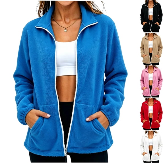 Husipze Women's Fleece Jacket Lightweight Full Zip Stand Collar Soft Warm Fall Winter Outerwear with Side Pockets Blue L