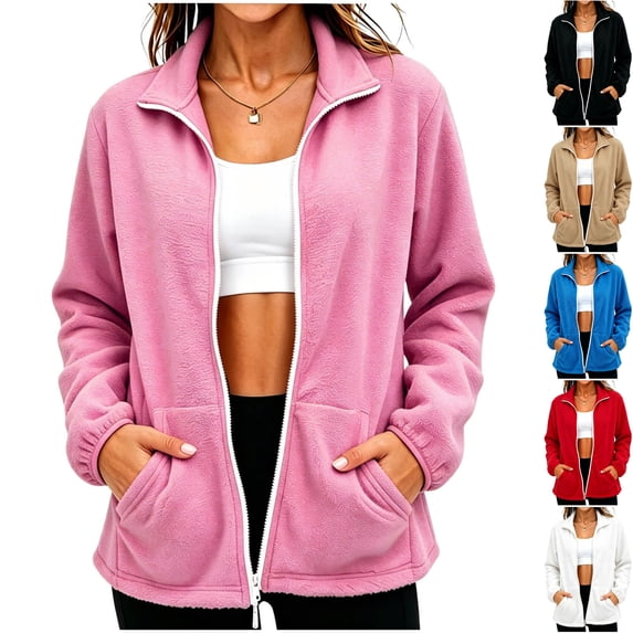 Husipze Women's Fleece Jacket Lightweight Full Zip Stand Collar Soft Warm Fall Winter Outerwear with Side Pockets Pink S