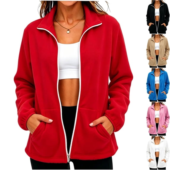 Husipze Women's Fleece Jacket Lightweight Full Zip Stand Collar Soft Warm Fall Winter Outerwear with Side Pockets Red XL