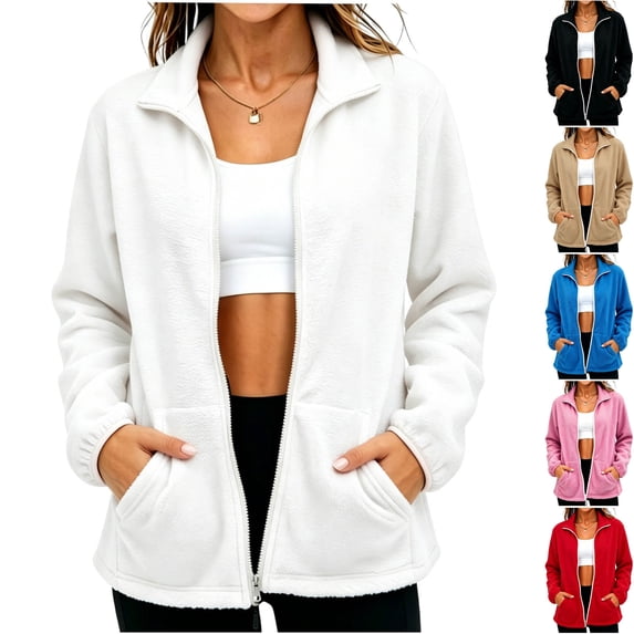 Husipze Women's Fleece Jacket Lightweight Full Zip Stand Collar Soft Warm Fall Winter Outerwear with Side Pockets White XL