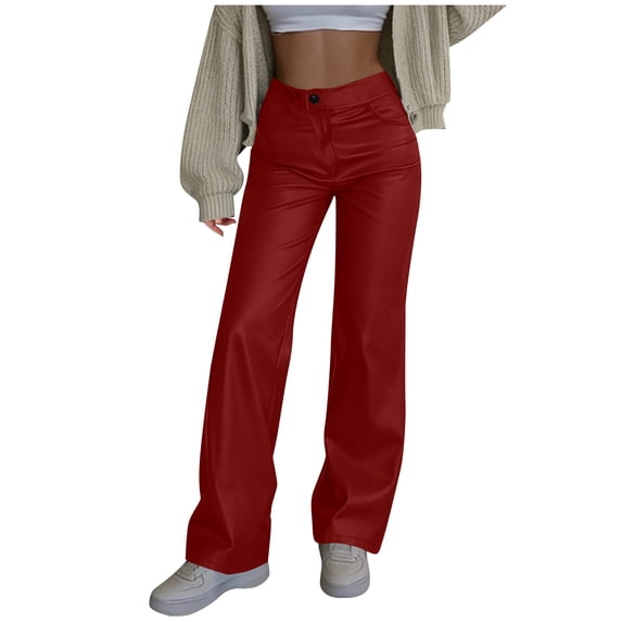 Husipze Women's High Waist Faux Leather Pants Button PU Straight Wide Leg Going Out Trousers with Pockets Red M
