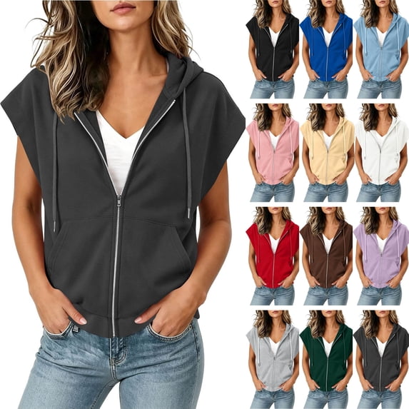 Husipze Women's Hoodie Short Sleeve Tops Zip Up Drawstring Casual Fashion Solid Hooded Sweatshirt with Pockets Dark Gray S