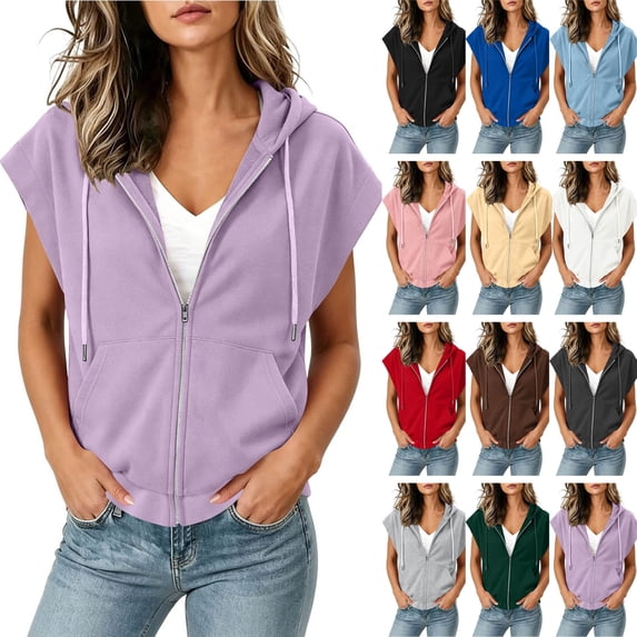 Husipze Women's Hoodie Short Sleeve Tops Zip Up Drawstring Casual Fashion Solid Hooded Sweatshirt with Pockets Purple M