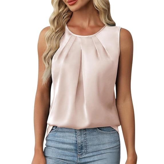 Husipze Women's Silk Satin Tank Tops Crew Neck Pleated Dressy Casual Sleeveless Blouses Summer Business Work Shirts Pink XXL