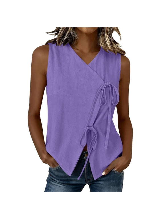 Women's Summer Linen Tank Tops Side Tie Sleeveless Wrap Tank V Neck Beach Dressy Casual Blouses Tank Shirt Purple XXL