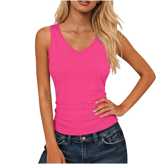 Husipze Women's Tank Top Sleeveless Casual V Neck Fitted Basic Top Soft Stretch Athletic Slim Fit Gym Yoga Tops Hot Pink S