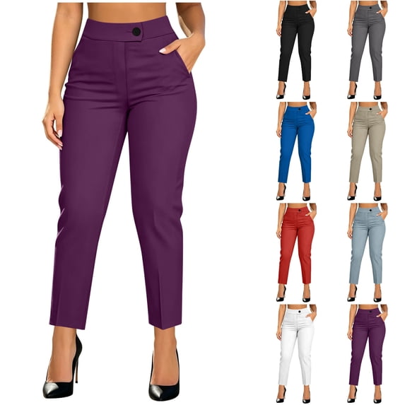 Husipze Women's Tapered Ankle Dress Pants Stretchy Straight Leg Business Casual Work Trousers Button Zipper Slim Fit Office Pants Purple L