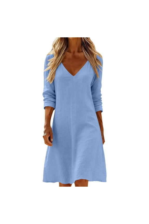 Women's V Neck Long Sleeve A-Line Tunic Summer Dress with Pockets Cotton Linen Business Office Knee Length Dress Light Blue M