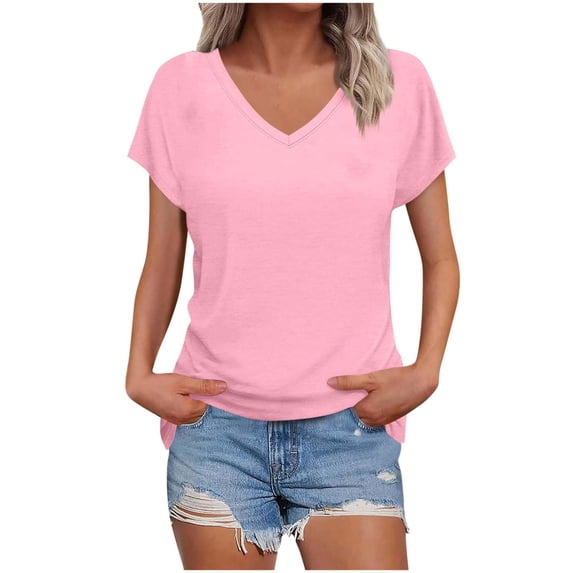Husipze Women's V Neck T Shirts Short Sleeve Loose Fit Casual Basic Tees Soft Lightweight Tops for Summer Pink XL