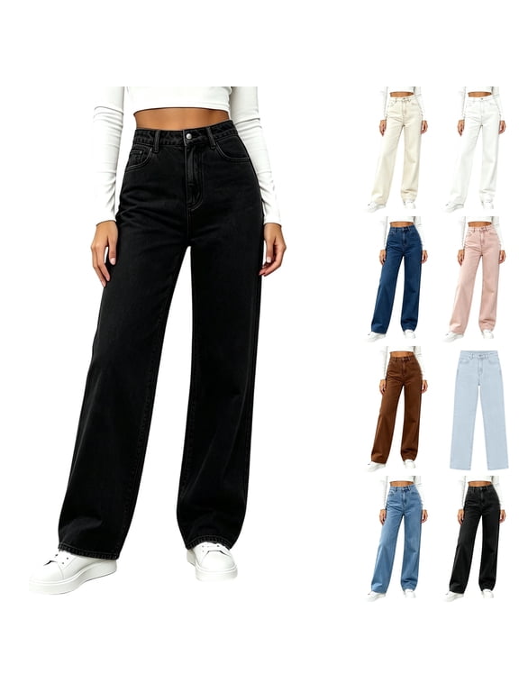 Women's Wide Leg Jeans High Waisted Classic Stretchy Straight Leg Button Denim Pants Trendy Loose Fit Jeans with Pockets Black S