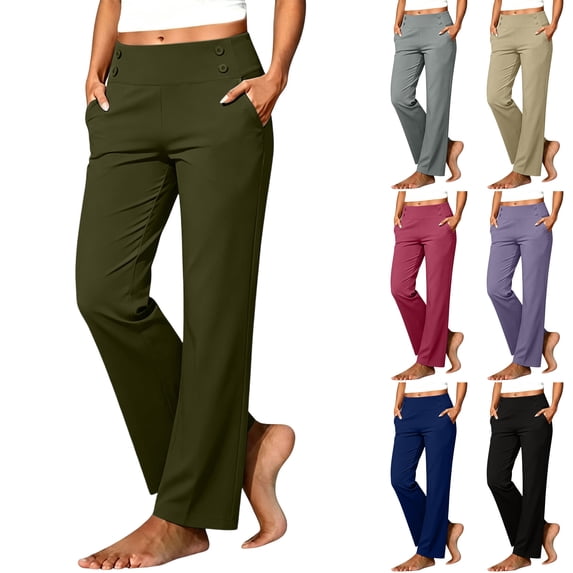 Husipze Women's golf Pants Straight Leg High Waist Stretch Casual Work Decorative Button Decor Trousers with Pockets Army Green 2XL