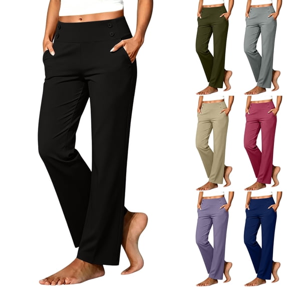 Husipze Women's golf Pants Straight Leg High Waist Stretch Casual Work Decorative Button Decor Trousers with Pockets Black S