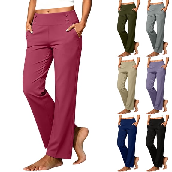 Husipze Women's golf Pants Straight Leg High Waist Stretch Casual Work Decorative Button Decor Trousers with Pockets Pink S