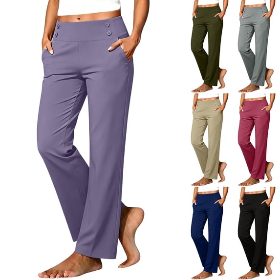 Husipze Women's golf Pants Straight Leg High Waist Stretch Casual Work Decorative Button Decor Trousers with Pockets Purple XL