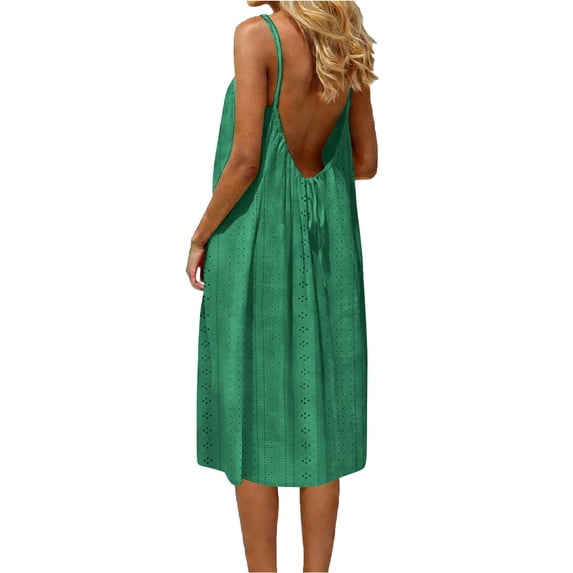 Husipze Womens Cami Summer Dresses Backless Drawstring Knee Length Sundresses Solid Eyelet Breathable Casual Dress for Beach Green XXXL