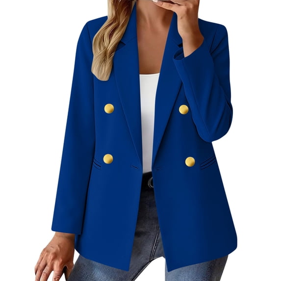 Husipze Womens Casual Blazer Jacket Gold Button Long Sleeve Double Breasted Work 0ffice Blazer Notch Lapel Open Front Suit Jacket Blue M