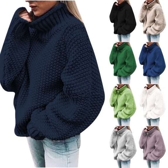 Husipze Womens Chunky Knit Turtleneck Sweater Long Sleeve Oversized Loose Fit Texture Sleeve Cozy Casual Pullover Navy M