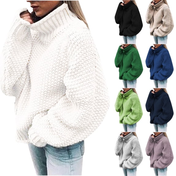 Husipze Womens Chunky Knit Turtleneck Sweater Long Sleeve Oversized Loose Fit Texture Sleeve Cozy Casual Pullover White S