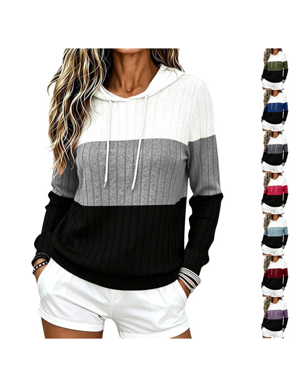 Womens Color Block Hooded Sweater Drawstring Pullover Long Sleeve Soft Knit Stretch Casual Loose Tops Gray 2XL