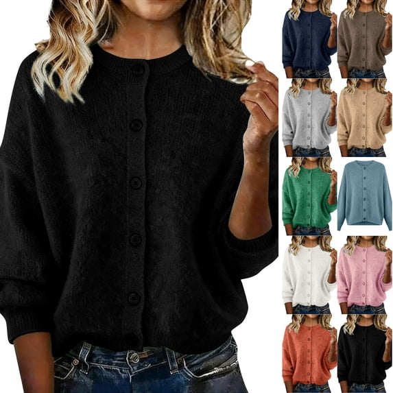 Husipze Womens Crew Neck Knit Cardigan Sweater Open Front Button Down Long Sleeve Loose Ribbed Fit Casual Tops Black 2XL