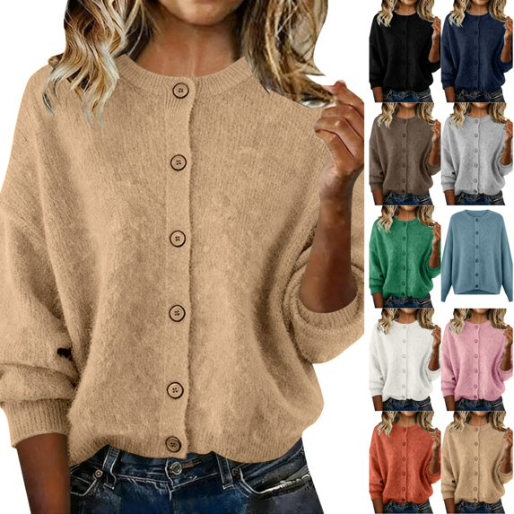 Husipze Womens Crew Neck Knit Cardigan Sweater Open Front Button Down Long Sleeve Loose Ribbed Fit Casual Tops Khaki S