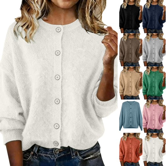 Husipze Womens Crew Neck Knit Cardigan Sweater Open Front Button Down Long Sleeve Loose Ribbed Fit Casual Tops White S