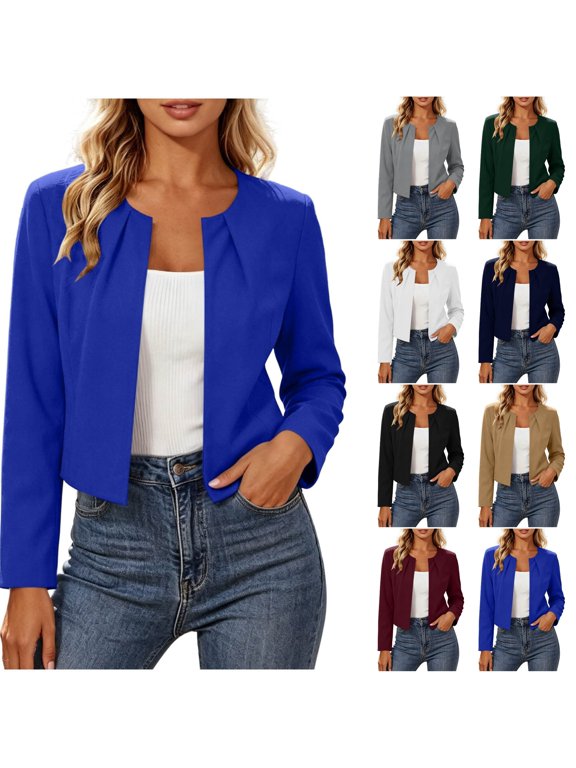 Womens Cropped Blazer Crew Neck Open Front Cardigan Pleated Long Sleeve Slim Fit Business Casual Work Office Suit Jacket Blue 2XL