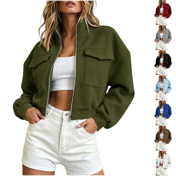 Husipze Womens Cropped Jacket Full Zip Stand Collar Long Sleeve Lightweight Short Trendy Coat with Flap Pockets Army Green XL