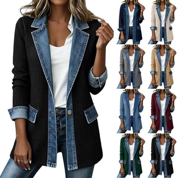 Husipze Womens Denim Blazer Jacket Long Sleeve Lapel Collar Single Button Knit Blazer Mid Length Casual Fall Winter Outerwear Black S