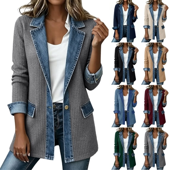 Husipze Womens Denim Blazer Jacket Long Sleeve Lapel Collar Single Button Knit Blazer Mid Length Casual Fall Winter Outerwear Gray L