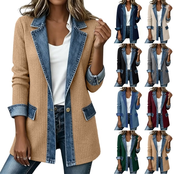 Husipze Womens Denim Blazer Jacket Long Sleeve Lapel Collar Single Button Knit Blazer Mid Length Casual Fall Winter Outerwear Khaki XL
