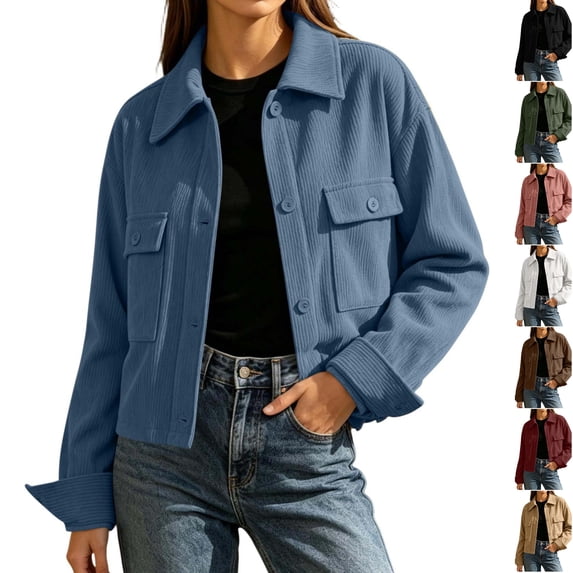 Husipze Womens Fall Corduroy Cropped Shacket Jacket Lightweight Long Sleeve Button Down Outerwear with Pockets Blue L