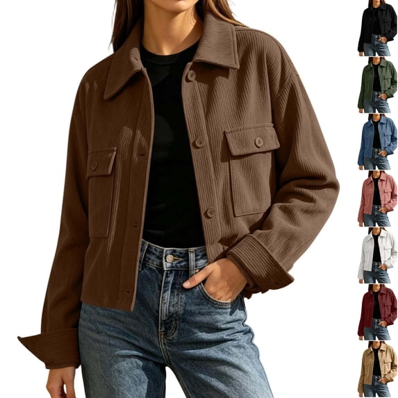 Husipze Womens Fall Corduroy Cropped Shacket Jacket Lightweight Long Sleeve Button Down Outerwear with Pockets Brown M