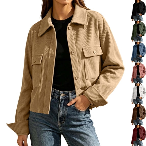 Husipze Womens Fall Corduroy Cropped Shacket Jacket Lightweight Long Sleeve Button Down Outerwear with Pockets Khaki S