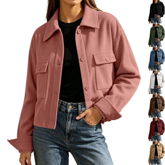 Husipze Womens Fall Corduroy Cropped Shacket Jacket Lightweight Long Sleeve Button Down Outerwear with Pockets Pink M