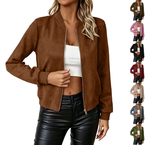 Husipze Womens Faux Suede Jacket Lightweight Zip Up Long Sleeve Fashion Solid Cropped Bomber Outerwear with Pockets Brown S