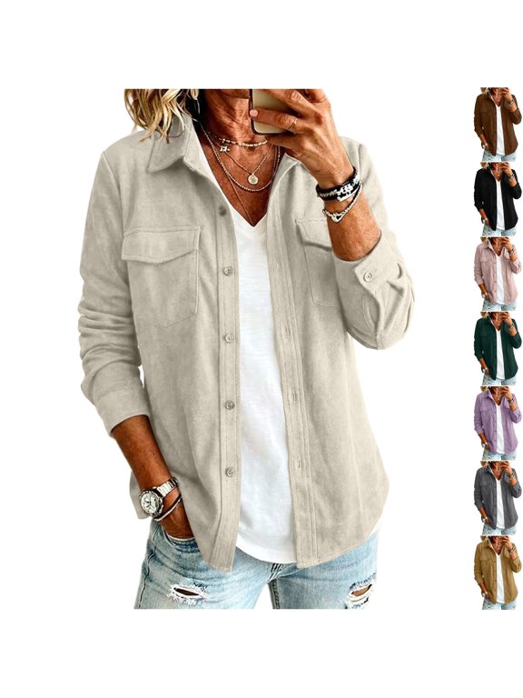 Womens Faux Suede Shacket Jacket Button down Solid Long Sleeve Collared Classic Shirt Jacket Lightweight Vintage Outerwear Beige M