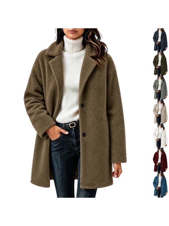 Womens Fuzzy Fleece Jacket Button down Notch Lapel Mid Length Two Button Long Sleeve Overcoat Relaxed Fit Soft Cozy Winter Coat Brown S