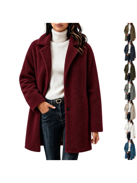 Womens Fuzzy Fleece Jacket Button down Notch Lapel Mid Length Two Button Long Sleeve Overcoat Relaxed Fit Soft Cozy Winter Coat Wine S