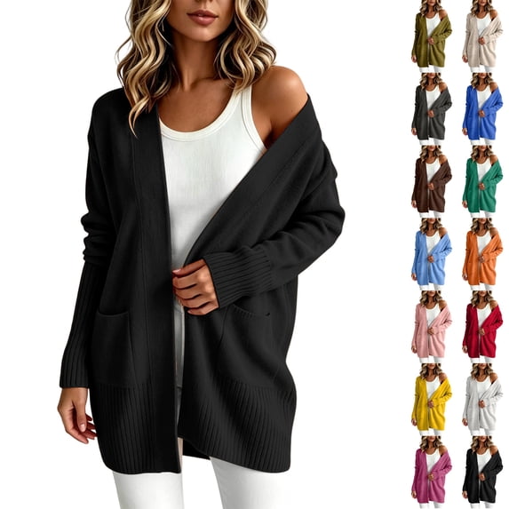 Husipze Womens Mid Length Open Front Cardigan Sweater Oversized Long Sleeve Soft Knit Relaxed Fit Ribbed Casual Cardigan with Pockets Black L
