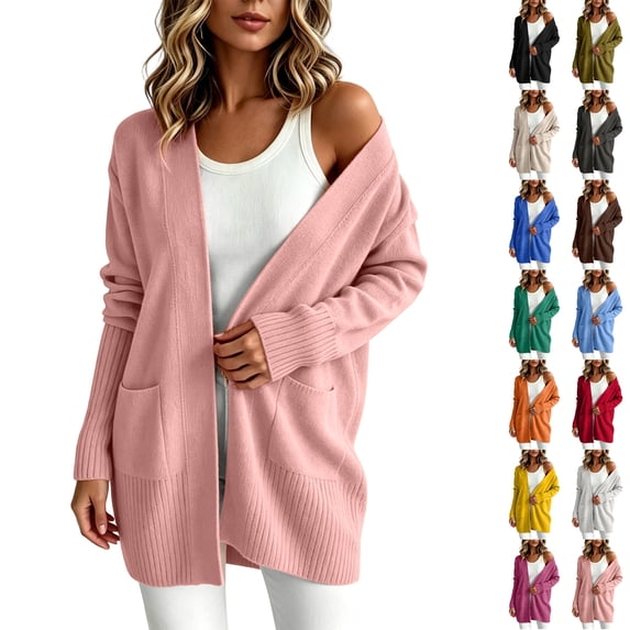 Husipze Womens Mid Length Open Front Cardigan Sweater Oversized Long Sleeve Soft Knit Relaxed Fit Ribbed Casual Cardigan with Pockets Pink S