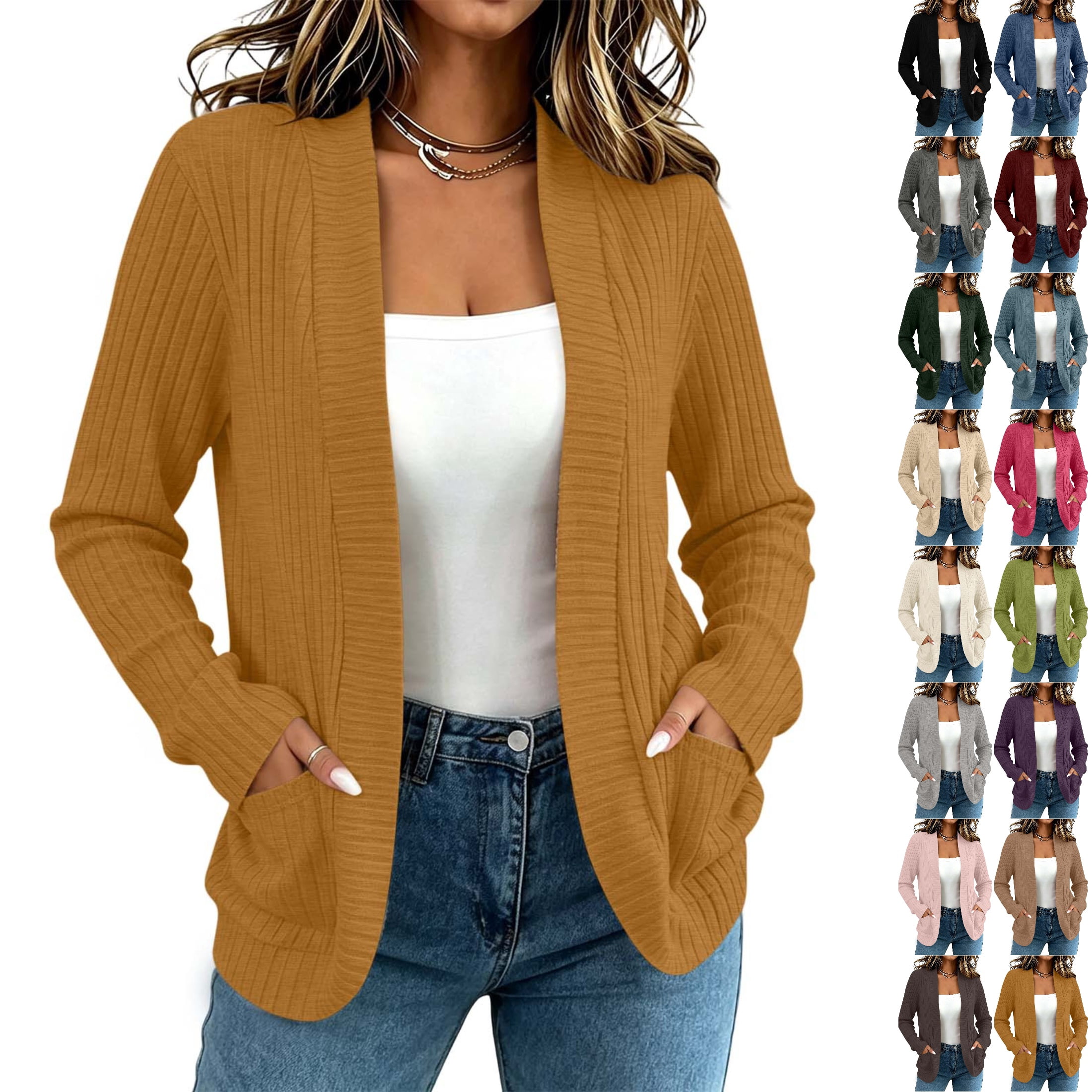 Texture In Clothing Husipze Womens Open Front Ribbed Knit Cardigan Sweater Long Sleeve ...
