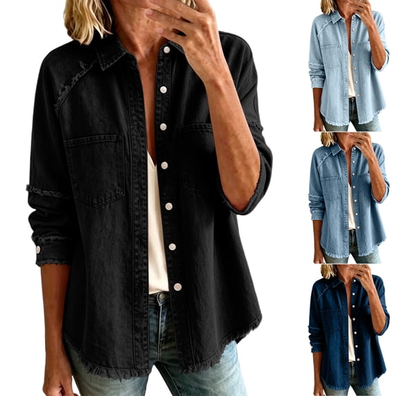 Husipze Womens Oversized Denim Shacket Frayed Hem Long Sleeve Button Down Lightweight Casual Jean Jacket with Chest Pockets Black S