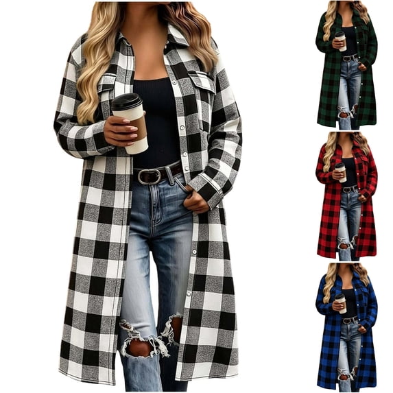 Husipze Womens Plaid Long Shacket Lapel Button Front Long Sleeve Loose Casual Jacket with Chest Pockets Fall Winter Outerwear Black 2XL